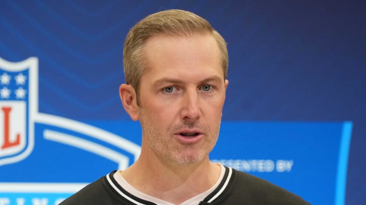Feb 25, 2025; Indianapolis, IN, USA; New York Jets general manager Darren Mougey speaks during the NFL Scouting Combine at the Indiana Convention Center. Mandatory Credit: Kirby Lee-Imagn Images