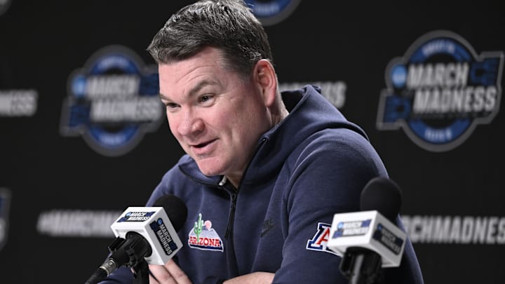 Mar 25, 2026; San Jose, CA, USA; Arizona Wildcats head coach Tommy Lloyd addresses the media in a press conference during a practice session ahead of the west regional of the men's 2026 NCAA Tournament at SAP Center. Mandatory Credit: Eakin Howard-Imagn Images