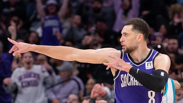 Feb 24, 2025; Sacramento, California, USA; Sacramento Kings guard Zach LaVine (8) reacts after scoring against the Charlotte Hornets during the fourth quarter at Golden 1 Center. Mandatory Credit: Ed Szczepanski-Imagn Images