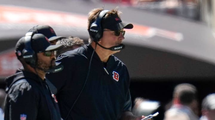 Cincinnati Bengals defensive coordinator Al Golden looks on from the sideline in the second quarter of the NFL Week 1 game between the Cleveland Browns and the Cincinnati Bengals at Huntington Bank Field in Cleveland on Sunday, Sept. 7, 2025.