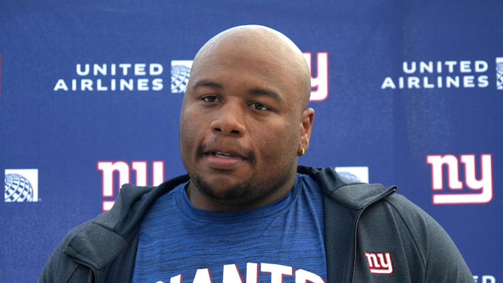 Oct 7,, 2022; Thundridge, United Kingdom; New York Giants defensive tackle Dexter Lawrence at press conference at Hanbury Manor. Mandatory Credit: Kirby Lee-Imagn Images