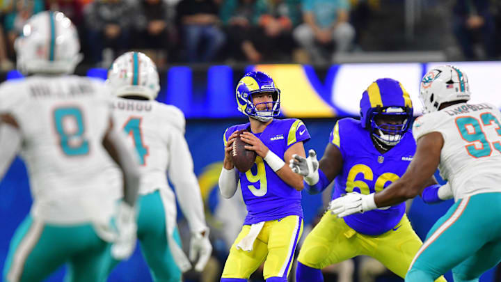 Nov 11, 2024; Inglewood, California, USA; Los Angeles Rams quarterback Matthew Stafford (9) drops back to pass against the Miami Dolphins during the first half at SoFi Stadium. Mandatory Credit: Gary A. Vasquez-Imagn Images Nov 11, 2024; Inglewood, California, USA; Los Angeles Rams quarterback Matthew Stafford (9) drops back to pass against the Miami Dolphins during the first half at SoFi Stadium. Mandatory Credit: Gary A. Vasquez-Imagn Images