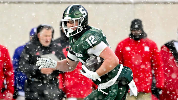 Michigan State's Jack Velling runs after a catch against Rutgers during the second quarter on Saturday, Nov. 30, 2024, at Spartan Stadium in East Lansing. Michigan State's Jack Velling runs after a catch against Rutgers during the second quarter on Saturday, Nov. 30, 2024, at Spartan Stadium in East Lansing.