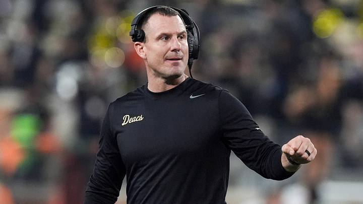 Sep 18, 2026; Winston-Salem, North Carolina, USA;  Wake Forest Demon Deacons head coach Jake Dickert during the second half against the Miami (FL) Hurricanes at Allegacy Federal Credit Union Stadium.  Mandatory Credit: Jim Dedmon-Imagn Images