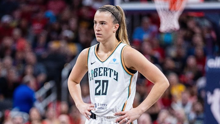 Jun 14, 2025; Indianapolis, Indiana, USA; New York Liberty guard Sabrina Ionescu (20 in the second half against the Indiana Fever at Gainbridge Fieldhouse. Mandatory Credit: Trevor Ruszkowski-Imagn Images