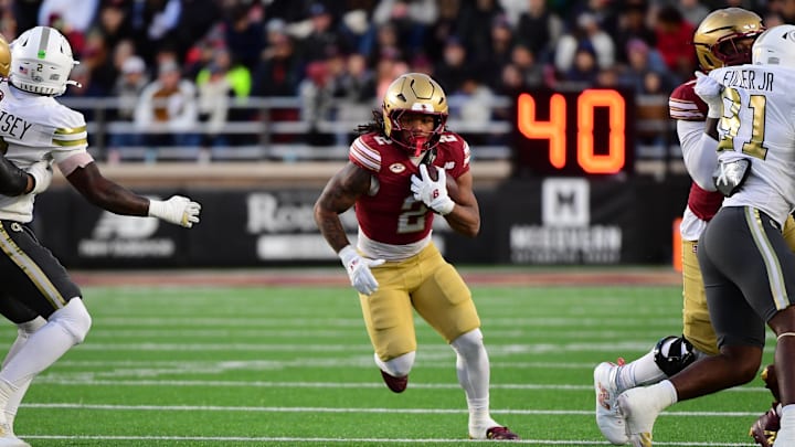 Nov 15, 2025; Chestnut Hill, Massachusetts, USA; Boston College Eagles running back Turbo Richard (2) runs the ball during the first half against Georgia Tech Yellow Jackets at Alumni Stadium. Mandatory Credit: Bob DeChiara-Imagn Images Nov 15, 2025; Chestnut Hill, Massachusetts, USA; Boston College Eagles running back Turbo Richard (2) runs the ball during the first half against Georgia Tech Yellow Jackets at Alumni Stadium. Mandatory Credit: Bob DeChiara-Imagn Images