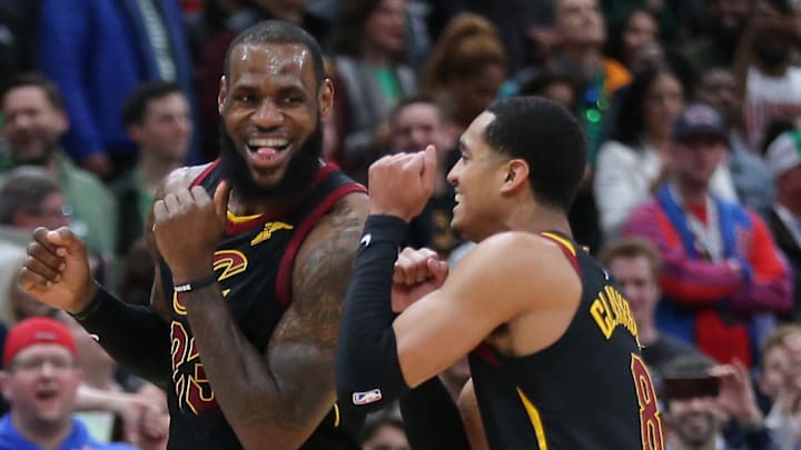 Mar 17, 2018; Chicago, IL, USA; Cleveland Cavaliers forward LeBron James (23) celebrates scoring with guard Jordan Clarkson (8) during the second half against the Chicago Bulls at the United Center. Cleveland won 114-109. Mandatory Credit: Dennis Wierzbicki-Imagn Images Mar 17, 2018; Chicago, IL, USA; Cleveland Cavaliers forward LeBron James (23) celebrates scoring with guard Jordan Clarkson (8) during the second half against the Chicago Bulls at the United Center. Cleveland won 114-109. Mandatory Credit: Dennis Wierzbicki-Imagn Images