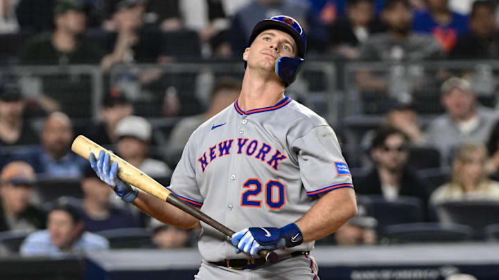 May 16, 2025; Bronx, New York, USA; New York Mets first baseman Pete Alonso (20) reacts after striking out against the New York Yankees during the eighth inning at Yankee Stadium. Mandatory Credit: John Jones-Imagn Images May 16, 2025; Bronx, New York, USA; New York Mets first baseman Pete Alonso (20) reacts after striking out against the New York Yankees during the eighth inning at Yankee Stadium. Mandatory Credit: John Jones-Imagn Images