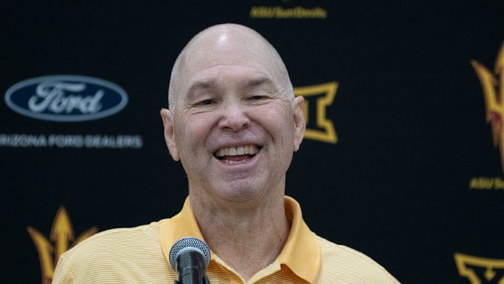 Randy Bennett answers questions during a news conference at the Weatherup Center in Tempe on May 7, 2026.
