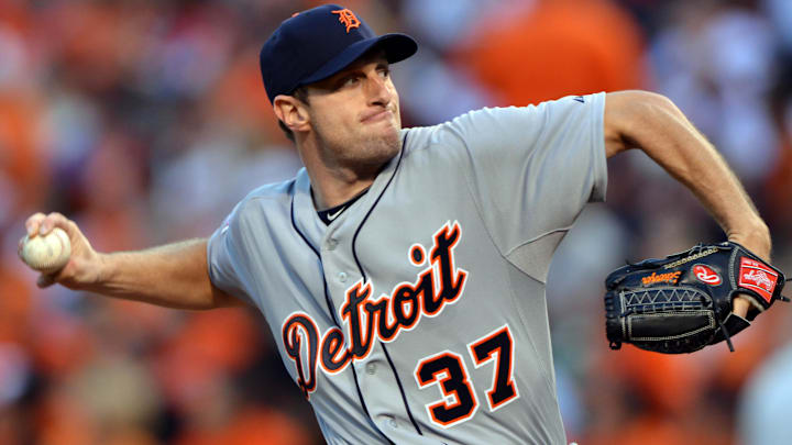 Former Detroit Tigers starting pitcher Max Scherzer (37) pitches in game one of the 2014 American League divisional series against the Baltimore Orioles at Oriole Park at Camden Yards.