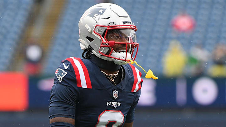 Sep 7, 2025; Foxborough, Massachusetts, USA; New England Patriots wide receiver Stefon Diggs (8) practices before the game against the Las Vegas Raiders at Gillette Stadium. Mandatory Credit: Bob DeChiara-Imagn Images