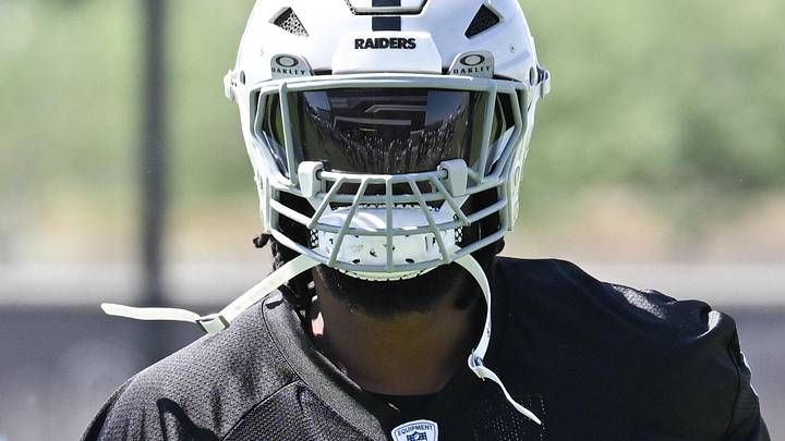 Jun 11, 2025; Henderson, NV, USA; Las Vegas Raiders defensive tackle Adam Butler (69) looks on during Las Vegas Raiders Minicamp at Intermountain Health Performance Center. Mandatory Credit: Candice Ward-Imagn Images