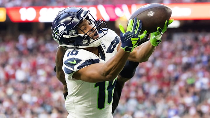Dec 8, 2024; Glendale, Arizona, USA; Seattle Seahawks wide receiver Tyler Lockett (16) against the Arizona Cardinals at State Farm Stadium. Mandatory Credit: Mark J. Rebilas-Imagn Images