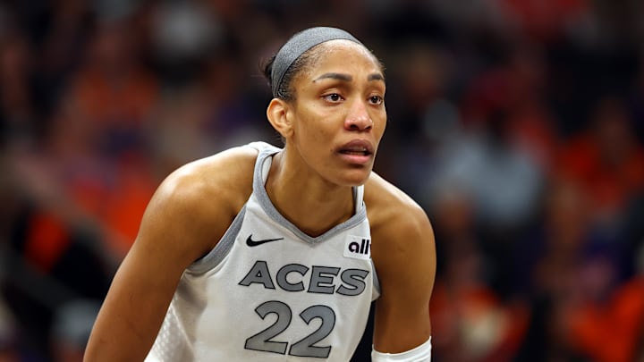 Oct 8, 2025; Phoenix, Arizona, USA; Las Vegas Aces center A'ja Wilson (22) against the Phoenix Mercury during game three of the 2025 WNBA Finals at PHX Arena. Mandatory Credit: Mark J. Rebilas-Imagn Images