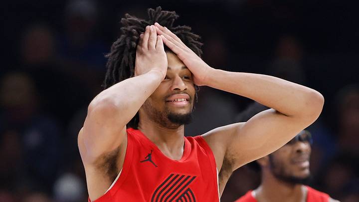 Jan 11, 2024; Oklahoma City, Oklahoma, USA; Portland Trail Blazers guard Shaedon Sharpe (17) reacts after a play against the Oklahoma City Thunder during the second quarter at Paycom Center. Mandatory Credit: Alonzo Adams-USA TODAY Sports