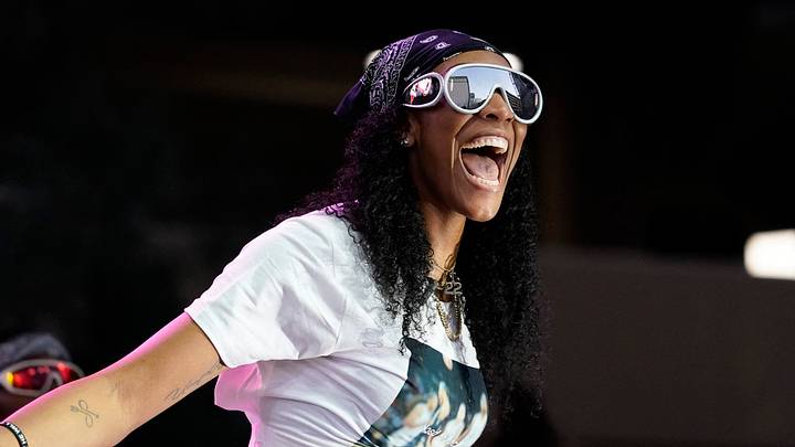 Oct 23, 2023; Las Vegas, NV, USA; Las Vegas forward Aja Wilson (22) celebrates during the Las Vegas Aces championship parade at Toshiba Plaza. Mandatory Credit: Lucas Peltier-USA TODAY Sports Oct 23, 2023; Las Vegas, NV, USA; Las Vegas forward Aja Wilson (22) celebrates during the Las Vegas Aces championship parade at Toshiba Plaza. Mandatory Credit: Lucas Peltier-USA TODAY Sports