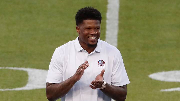 Aug 1, 2024; Canton, Ohio, USA;  2024 Professional Football Hall of Fame inductee Andre Johnson is introduced before the Chicago Bears play the Houston Texans at Tom Benson Hall of Fame Stadium. Mandatory Credit: Charles LeClaire-USA TODAY Sports