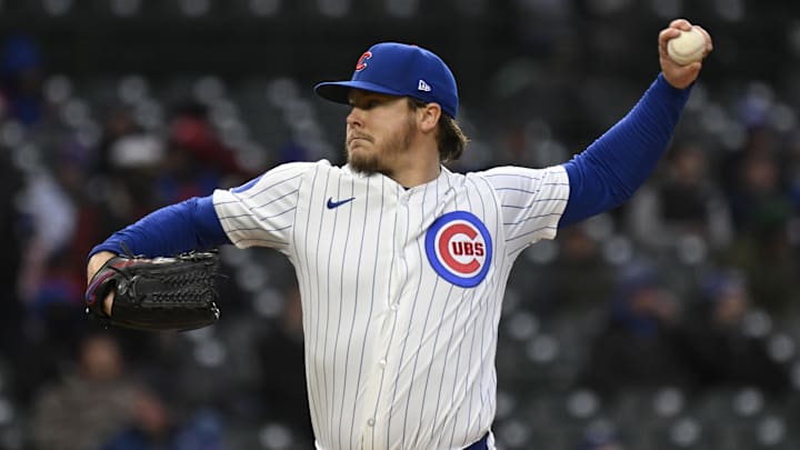 Apr 7, 2025; Chicago, Illinois, USA; Chicago Cubs pitcher Justin Steele (35) delivers against the Texas Rangers during the first inning at Wrigley Field. Apr 7, 2025; Chicago, Illinois, USA; Chicago Cubs pitcher Justin Steele (35) delivers against the Texas Rangers during the first inning at Wrigley Field.