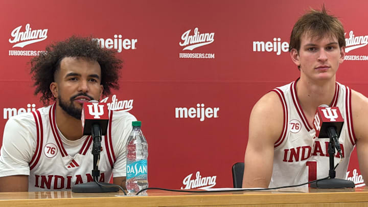Indiana guard Tayton Conerway (left) and forward Reed Bailey (right) speak to reporters Nov. 12, 2025, at Assembly Hall.