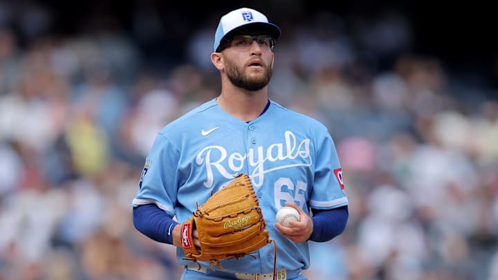 Apr 18, 2026; Bronx, New York, USA; Kansas City Royals starting pitcher Noah Cameron (65) reacts during the fourth inning against the New York Yankees at Yankee Stadium. Mandatory Credit: Brad Penner-Imagn Images