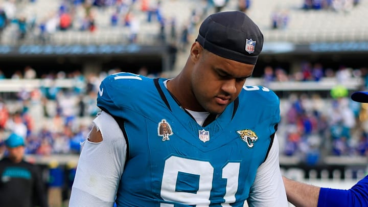 Jacksonville Jaguars defensive tackle Arik Armstead (91) walks off the field after the game of an NFL football AFC Wild Card playoff matchup, Sunday, Jan. 11, 2026, in Jacksonville, Fla. The Bills defeated the Jaguars 27-24. 