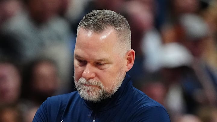 Apr 6, 2025; Denver, Colorado, USA; Denver Nuggets head coach Michael Malone during the third quarter against the Indiana Pacers at Ball Arena. Mandatory Credit: Ron Chenoy-Imagn Images