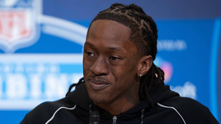 Oklahoma wideout Deion Burks (WO12) speaks to members of the media during the NFL Combine.