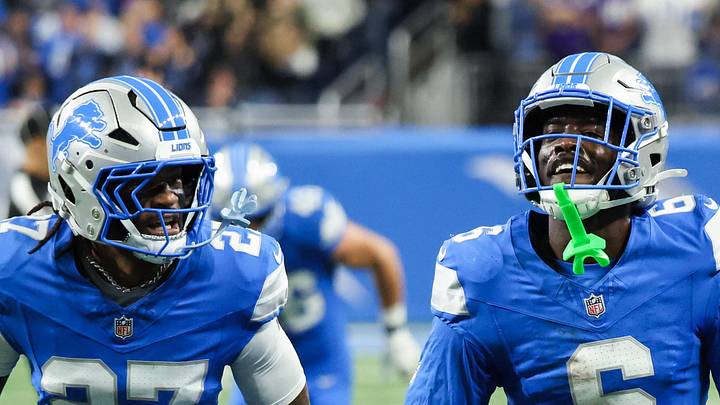 Detroit Lions cornerback Terrion Arnold (6) celebrates an interception in the second quarter against Vikings