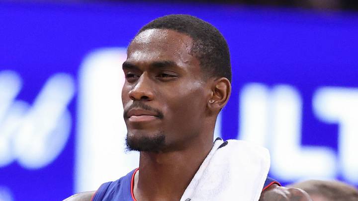Detroit Pistons center Jalen Duren (0) reacts after a play during the second quarter against the Houston Rockets at Toyota Center on Oct 24, 2025.