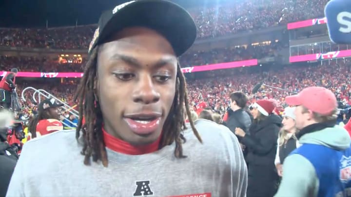 Kansas City Chiefs' Xavier Worthy after the AFC title win on Jan. 26, 2025.