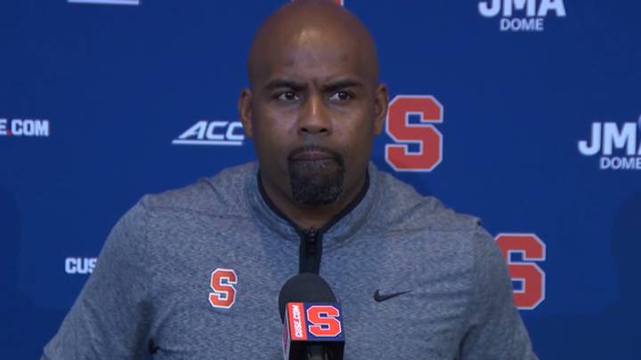 Syracuse coach Fran Brown speaks with the media Monday at the Lally Athletics Complex, prior to the Orange's road game this week against UConn.