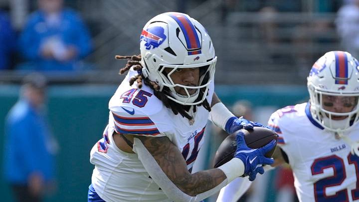 Jan 11, 2026; Jacksonville, FL, USA; Buffalo Bills linebacker Shaq Thompson (45) runs with the ball after an interception against the Jacksonville Jaguars during the first half in an AFC Wild Card Round game at EverBank Stadium. Mandatory Credit: Melina Myers-Imagn Images