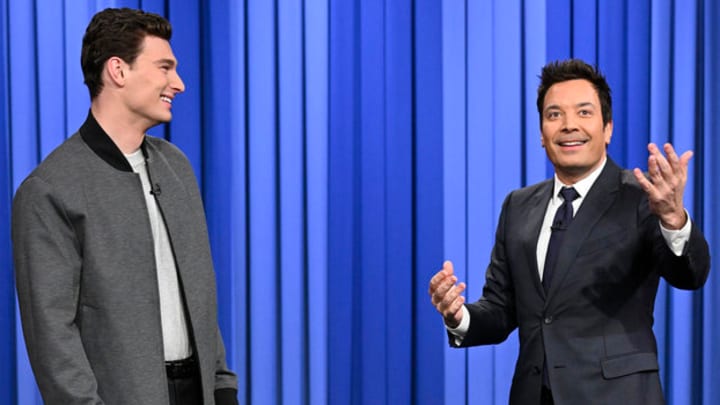 THE TONIGHT SHOW STARRING JIMMY FALLON -- Episode 2245 -- Pictured: Indiana football quarterback Fernando Mendoza with host Jimmy Fallon during a monologue walk Thursday, January 22, 2026. THE TONIGHT SHOW STARRING JIMMY FALLON -- Episode 2245 -- Pictured: Indiana football quarterback Fernando Mendoza with host Jimmy Fallon during a monologue walk Thursday, January 22, 2026.