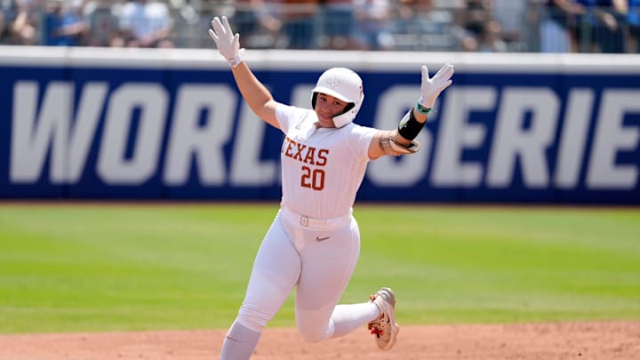 Texas Longhorns utility Katie Stewart celebrates after hitting a home run in the fourth inning against Tennessee Volunteers.