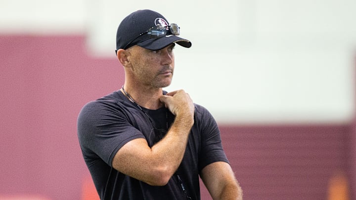 Florida State football head coach Mike Norvell leads the Seminole football practice on Wednesday, Aug. 16, 2023.