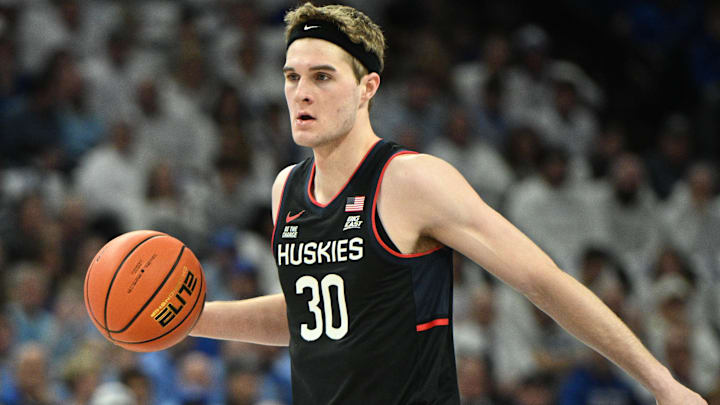 Feb 11, 2025; Omaha, Nebraska, USA; Connecticut Huskies forward Liam McNeeley (30) dribbles against the Creighton Bluejays during the first half at CHI Health Center Omaha. Mandatory Credit: Steven Branscombe-Imagn Images Feb 11, 2025; Omaha, Nebraska, USA; Connecticut Huskies forward Liam McNeeley (30) dribbles against the Creighton Bluejays during the first half at CHI Health Center Omaha. Mandatory Credit: Steven Branscombe-Imagn Images