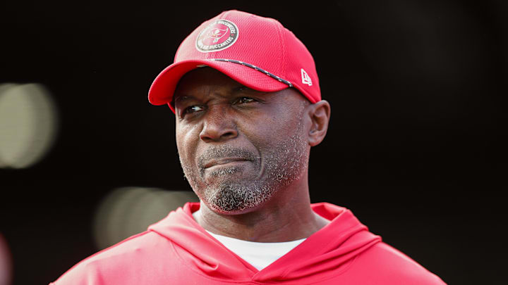 Dec 29, 2024; Tampa, Florida, USA; Tampa Bay Buccaneers head coach Todd Bowles looks on before a game against the Carolina Panthers at Raymond James Stadium. Mandatory Credit: Nathan Ray Seebeck-Imagn Images