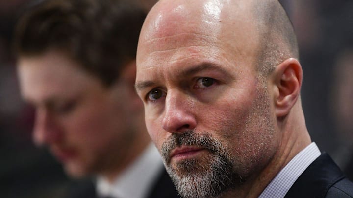 St. Cloud State head coach Brett Larson watches the action in the second period during the NCHC Frozen Faceoff semifinals Friday, March 22, at the Xcel Energy Center in St. Paul. 

Scsu Hock 13