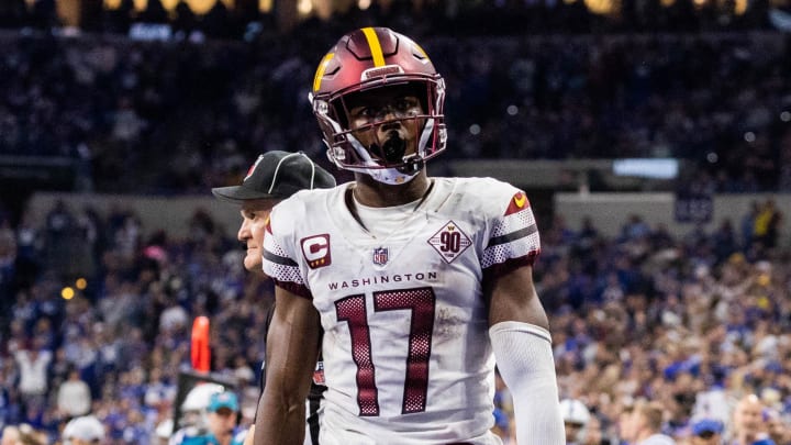 Oct 30, 2022; Indianapolis, Indiana, USA; Washington Commanders wide receiver Terry McLaurin (17) celebrates his catch in the second half against the Indianapolis Colts at Lucas Oil Stadium. Mandatory Credit: Trevor Ruszkowski-USA TODAY Sports Oct 30, 2022; Indianapolis, Indiana, USA; Washington Commanders wide receiver Terry McLaurin (17) celebrates his catch in the second half against the Indianapolis Colts at Lucas Oil Stadium. Mandatory Credit: Trevor Ruszkowski-USA TODAY Sports