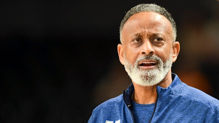 Kentucky Wildcats head coach Kenny Brooks looks down court Thursday, March 5, 2026, during the SEC Women's Basketball Tournament second round game against the Georgia Bulldogs at Bon Secours Wellness Arena in Greenville, South Carolina.