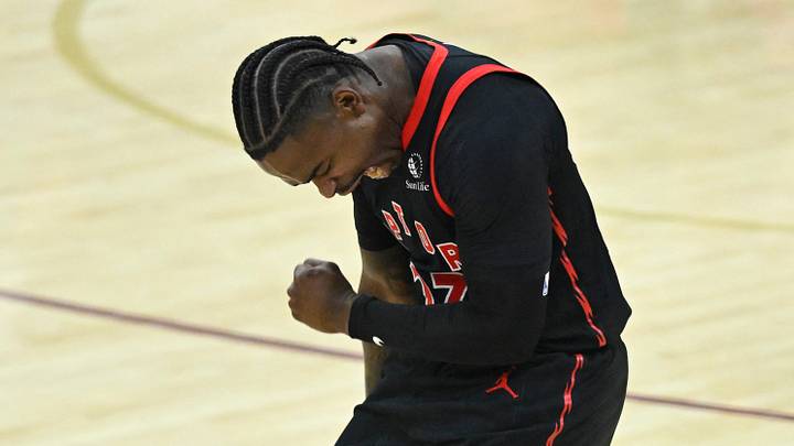 Apr 29, 2026; Cleveland, Ohio, USA; Toronto Raptors guard Jamal Shead (23) celebrates his three-point basket against the Cleveland Cavaliers in the third quarter of game five of the first round of the 2026 NBA Playoffs at Rocket Arena. Mandatory Credit: David Richard-Imagn Images Apr 29, 2026; Cleveland, Ohio, USA; Toronto Raptors guard Jamal Shead (23) celebrates his three-point basket against the Cleveland Cavaliers in the third quarter of game five of the first round of the 2026 NBA Playoffs at Rocket Arena. Mandatory Credit: David Richard-Imagn Images