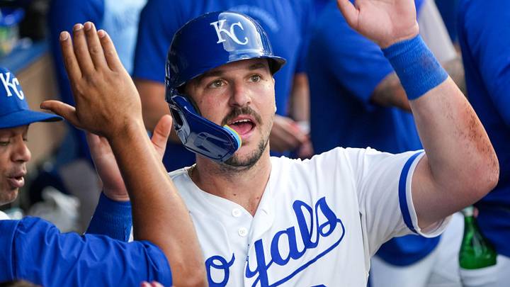 May 4, 2026; Kansas City, Missouri, USA; Kansas City Royals first baseman Vinnie Pasquantino (9) celebrates in the dugout after scoring against the Cleveland Guardians in the fourth inning at Kauffman Stadium. Mandatory Credit: Denny Medley-Imagn Images