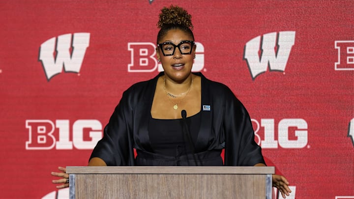 Oct 9, 2023; Minneapolis, MN, USA; Wisconsin Badgers head coach Marisa Moseley speaks to the media at the Big Ten Basketball Media Days at Target Center. 