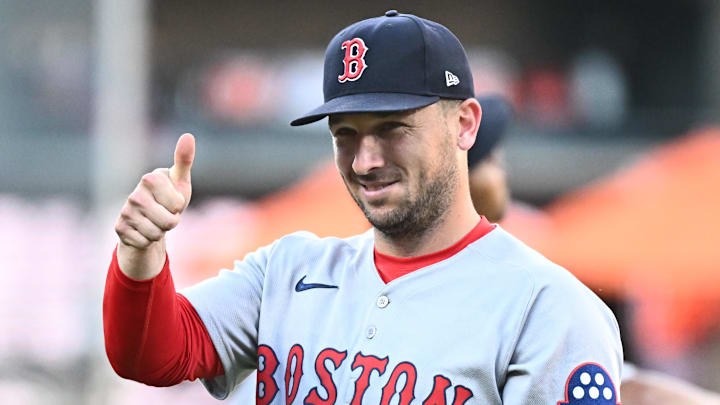 Aug 27, 2025; Baltimore, Maryland, USA;  Boston Red Sox third baseman Alex Bregman (2) gestures on the field before the game between the Baltimore Orioles and the Boston Red Sox at Oriole Park at Camden Yards. Mandatory Credit: James A. Pittman-Imagn Images