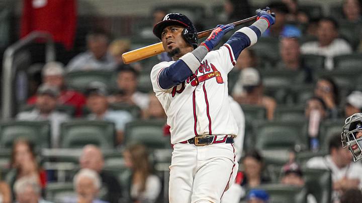 Jun 3, 2026; Cumberland, Georgia, USA; Atlanta Braves second baseman Ozzie Albies (1) hits a three run home run against the Toronto Blue Jays during the seventh inning at Truist Park. Mandatory Credit: Dale Zanine-Imagn Images