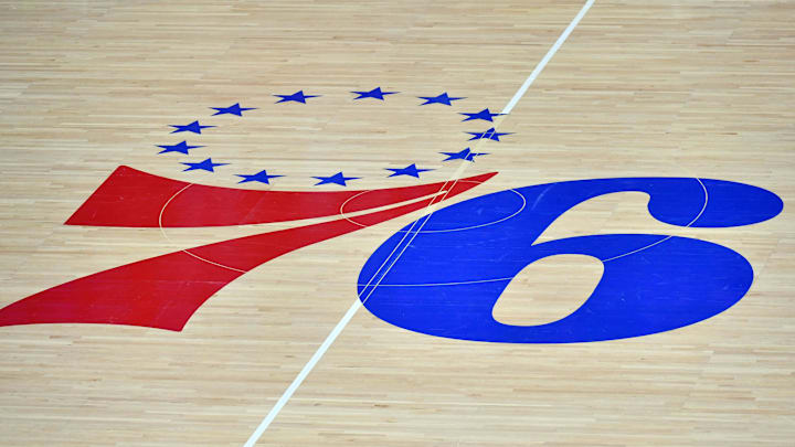 Mar 14, 2021; Philadelphia, Pennsylvania, USA; Philadelphia 76ers logo on the hardwood court against the San Antonio Spurs at Wells Fargo Center. Mandatory Credit: Eric Hartline-Imagn Images