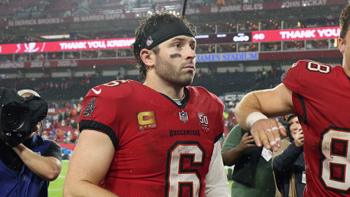Jan 3, 2026; Tampa, Florida, USA; Tampa Bay Buccaneers quarterback Baker Mayfield (6) and tight end Cade Otton (88) leave the field after defeating the Carolina Panthers at Raymond James Stadium. Mandatory Credit: Nathan Ray Seebeck-Imagn Images Jan 3, 2026; Tampa, Florida, USA; Tampa Bay Buccaneers quarterback Baker Mayfield (6) and tight end Cade Otton (88) leave the field after defeating the Carolina Panthers at Raymond James Stadium. Mandatory Credit: Nathan Ray Seebeck-Imagn Images