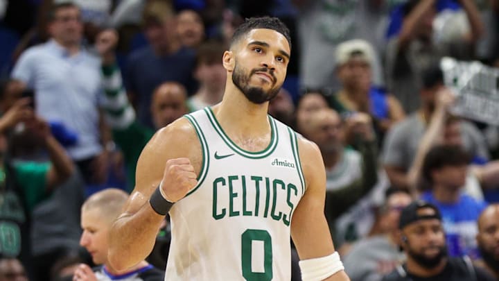 Apr 27, 2025; Orlando, Florida, USA; Boston Celtics forward Jayson Tatum (0) reacts after beating the Orlando Magic in game four of first round for the 2025 NBA Playoffs at Kia Center. Mandatory Credit: Nathan Ray Seebeck-Imagn Images