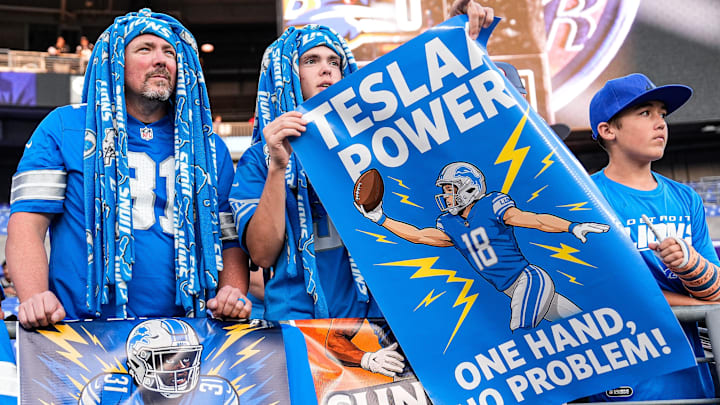Detroit Lions fans watch warmups ahead of the game against the Baltimore Ravens at M&T Bank Stadium