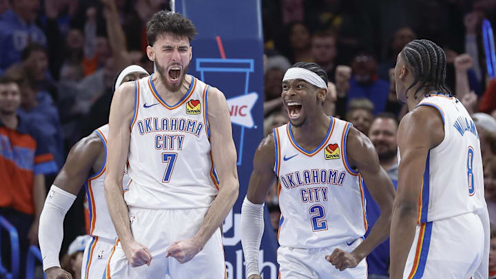 Dec 8, 2023; Oklahoma City, Oklahoma, USA; Oklahoma City Thunder forward Chet Holmgren (7), and guard Shai Gilgeous-Alexander (2) celebrate after Chet Holmgren scores a basket against the Golden State Warriors during the second half at Paycom Center. Mandatory Credit: Alonzo Adams-Imagn Images Dec 8, 2023; Oklahoma City, Oklahoma, USA; Oklahoma City Thunder forward Chet Holmgren (7), and guard Shai Gilgeous-Alexander (2) celebrate after Chet Holmgren scores a basket against the Golden State Warriors during the second half at Paycom Center. Mandatory Credit: Alonzo Adams-Imagn Images